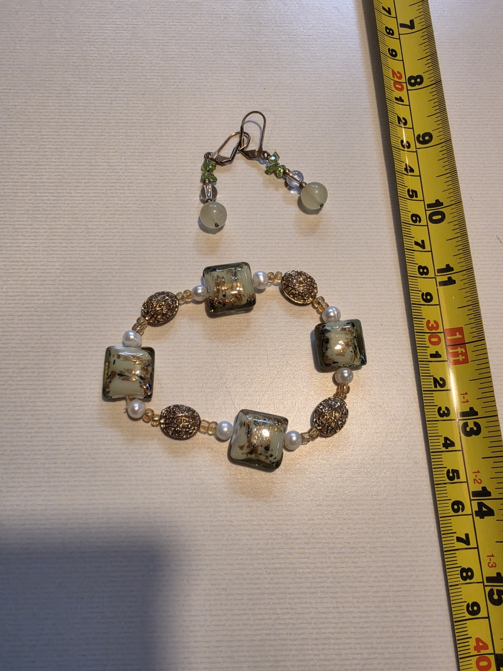 Gold and Green Murano-Style Glass Bracelet and Earring Set